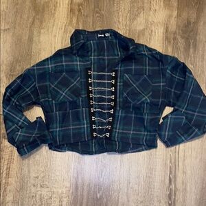 Plaid Cropped Shirt with Chain Detail
